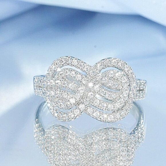 NEW 14K White Gold Plated Cubic Zirconia Pave Infinity Knot Ring Sz. 8 - Picture 7 of 11